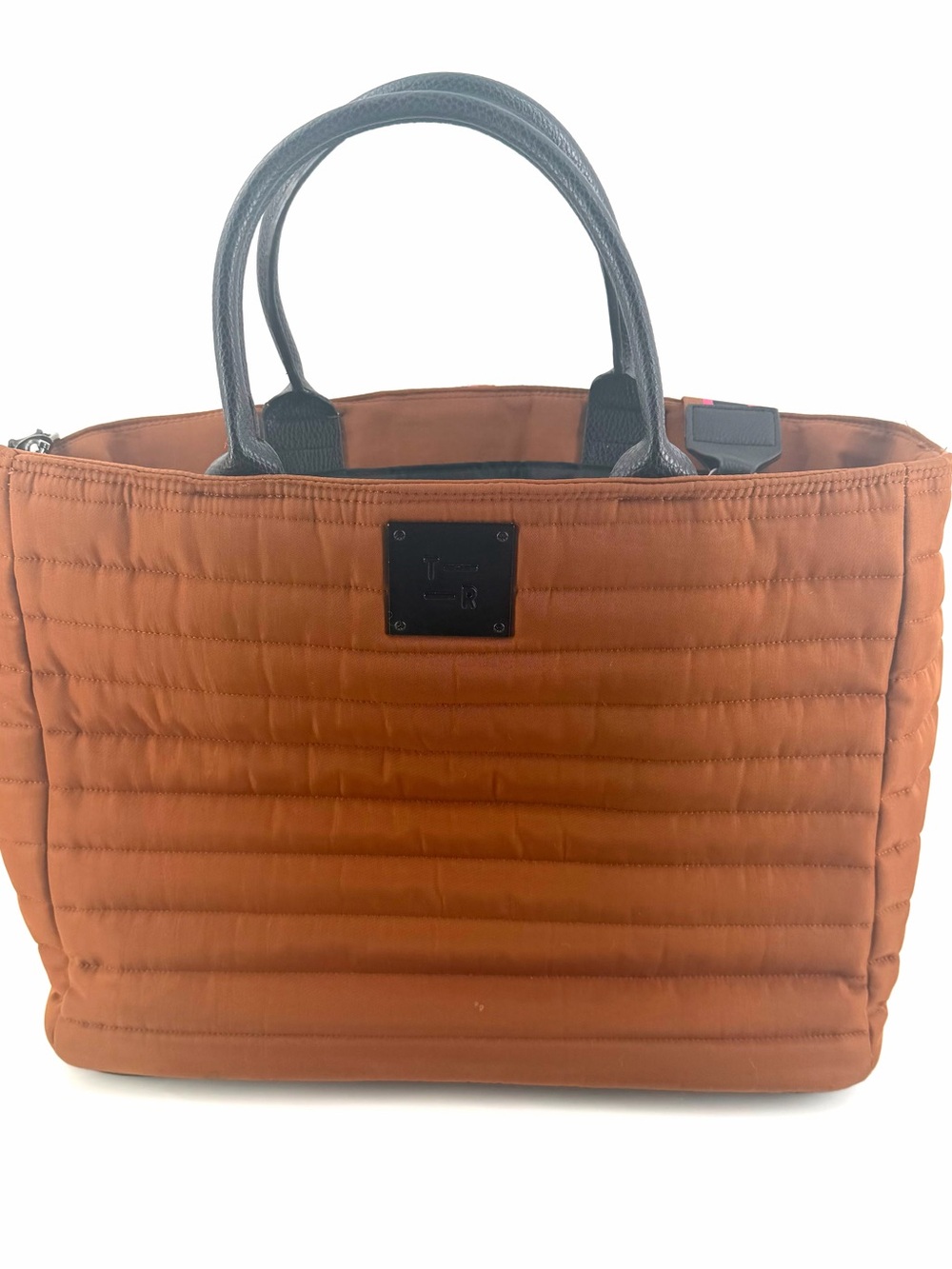 Think Royln Orange Quilted Tote Bag Pink Black Stripe Shoulder Strap Travel